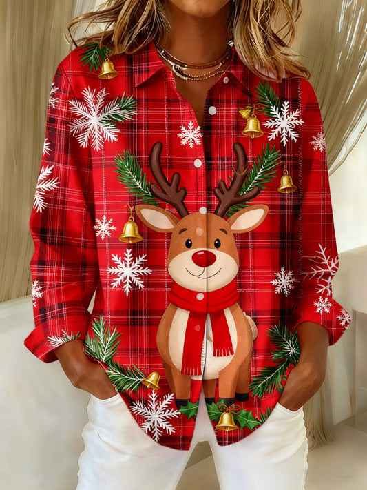 Women's Christmas Contrast Patchwork Print Casual Lapel Shirt