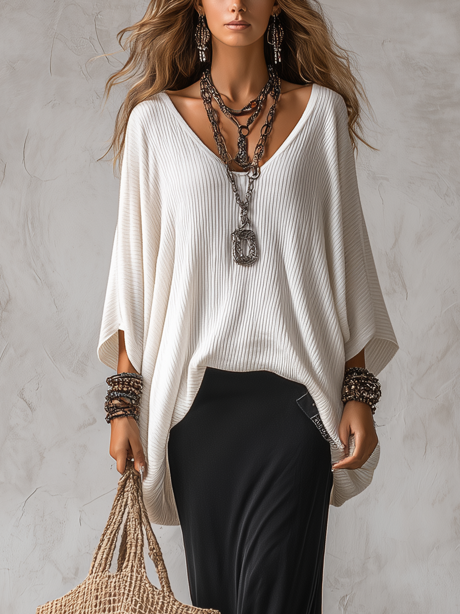 Creamy Ivory Loose Fit Knit Top And Black Long Skirt Set