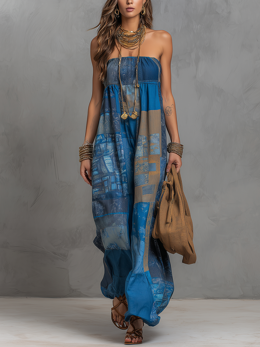 Bohemian Blue Floral Print Strapless Maxi Dress