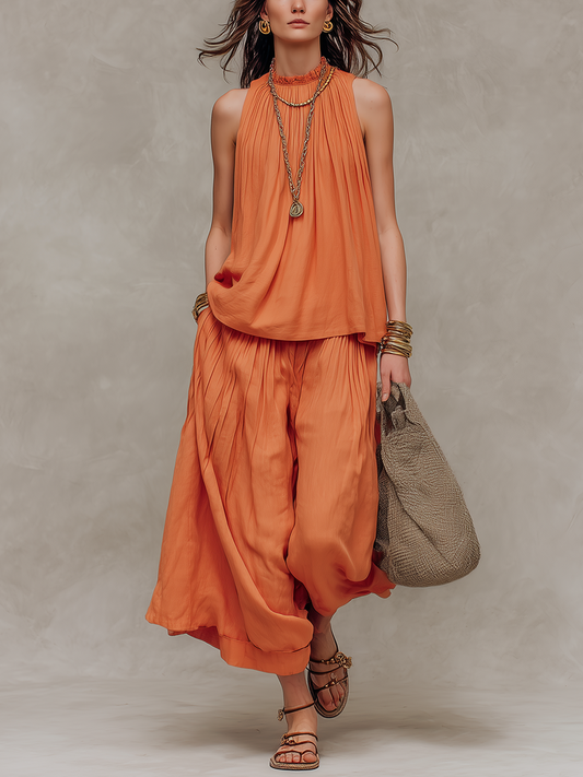 Bohemian Style Orange Linen Sleeveless Top And Wide Leg Pants Set