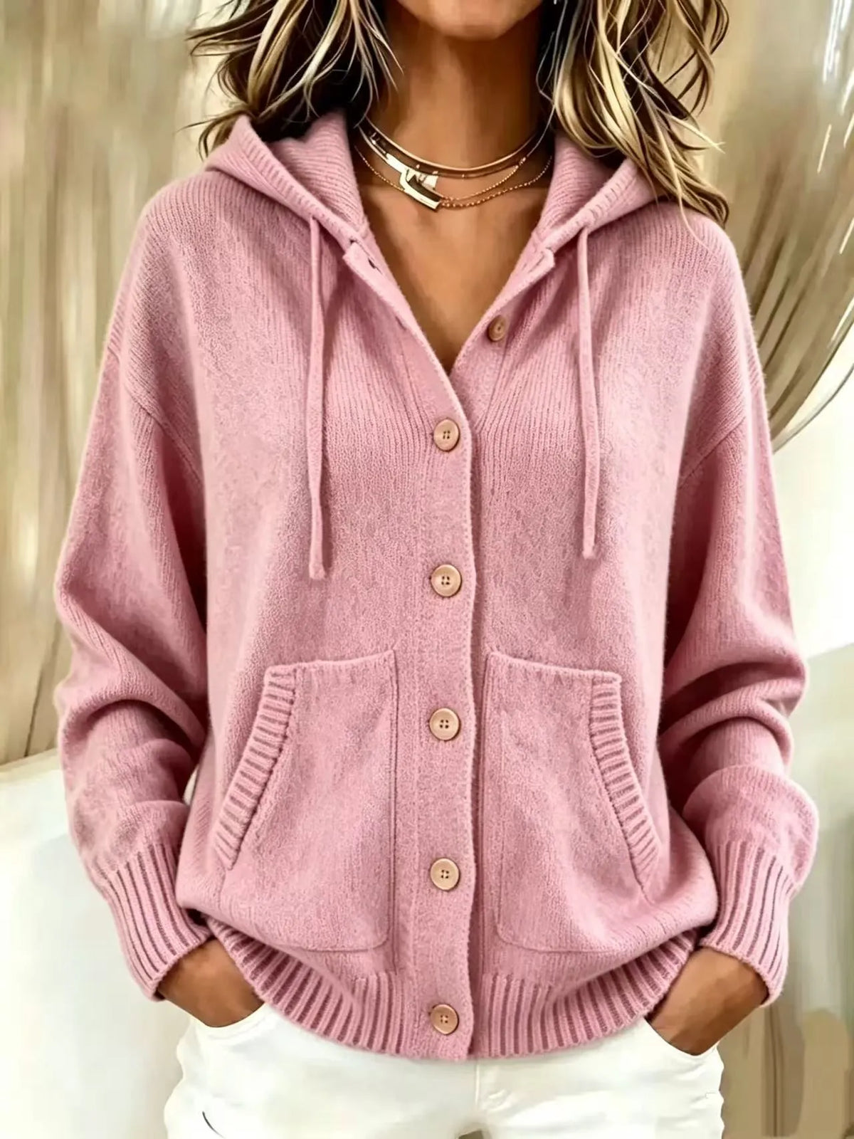 Hooded Button‐Front Knit Cardigan