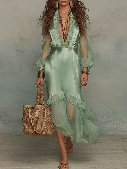 Effortless Boho Sheer Layered Ruffle Maxi Dress