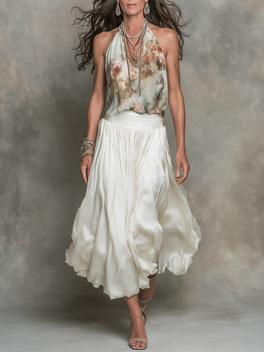Bohemian Floral Halter Top & Flowing Midi Skirt Set