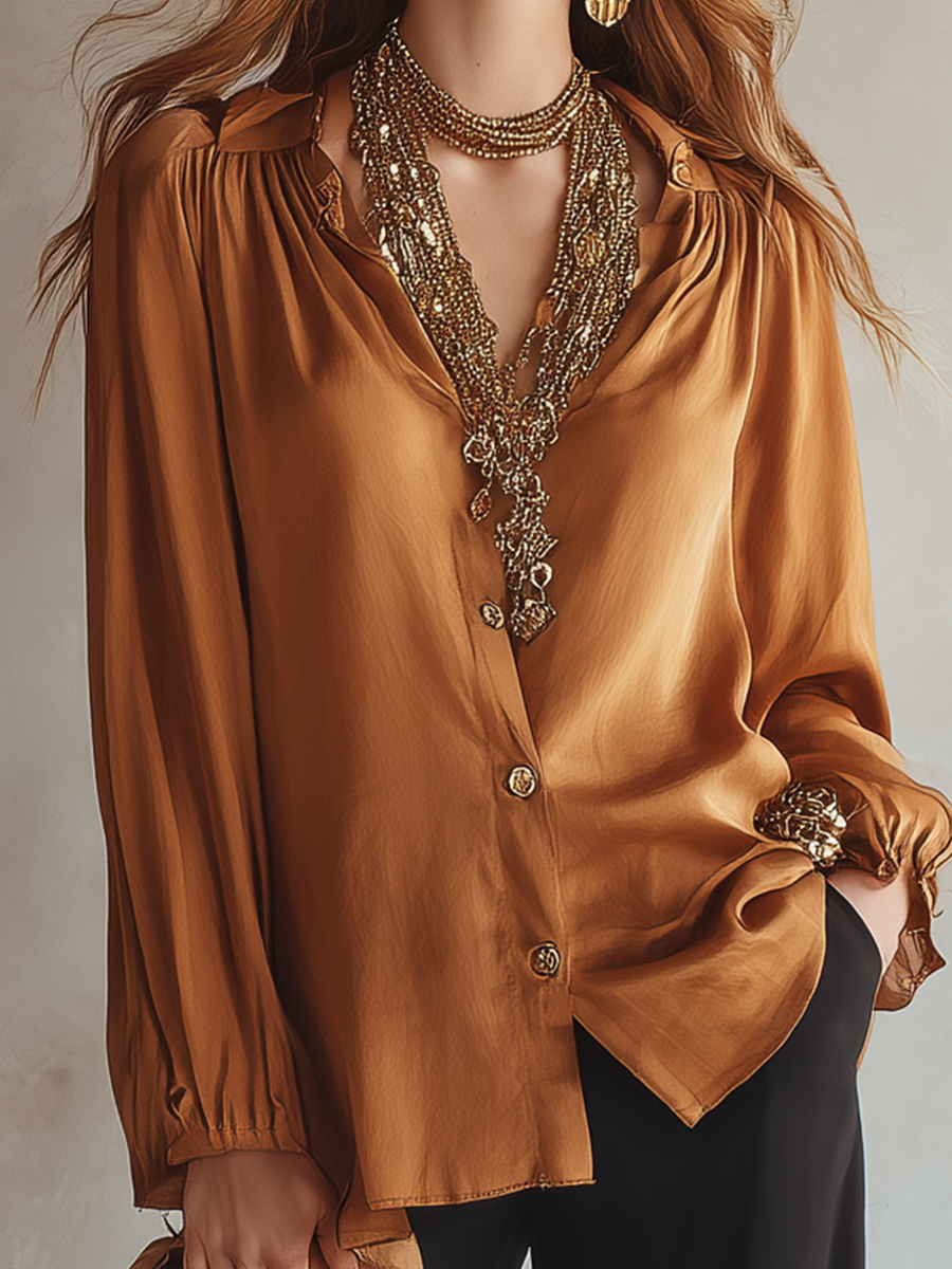 Caramel Brown Silky Casual Bohemian Shirt
