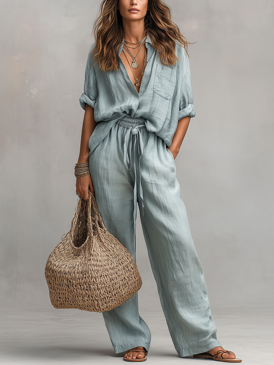 Extured Sage Green Shirt & Wide-Leg Pant Two-Piece Set