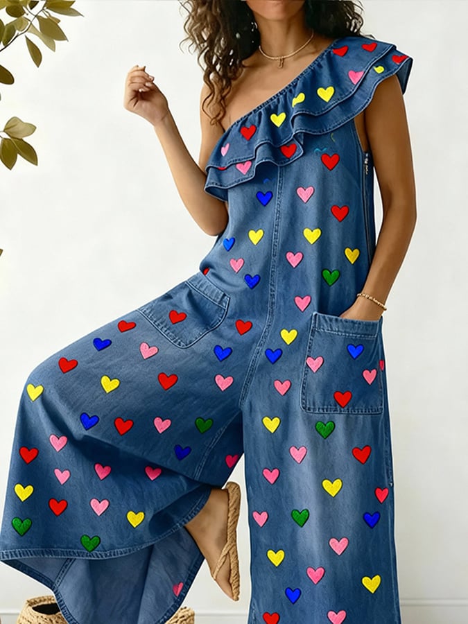 Women'S Casual Color-Blocked Printed Ruffled Jumpsuit