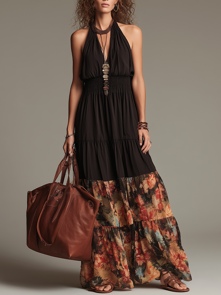Bohemian Smocked Halter Maxi Dress