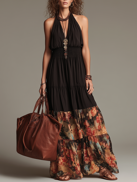 Bohemian Smocked Halter Maxi Dress
