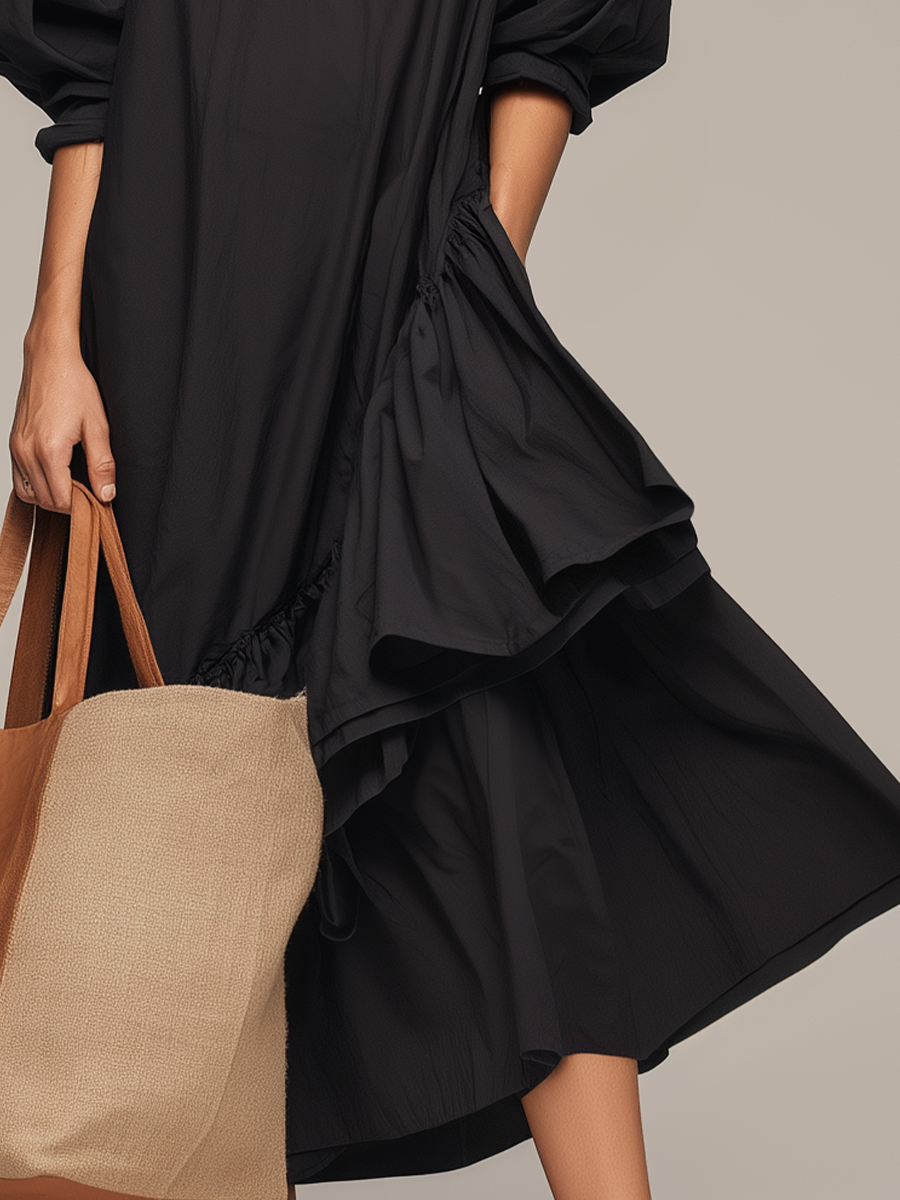Dramatic Black Puff-Sleeve Asymmetrical Ruffle Maxi Dress