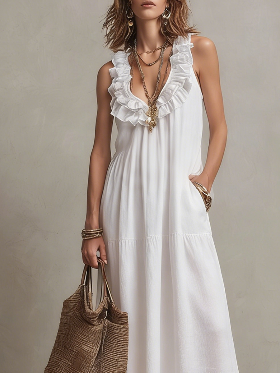 Casual White Ruffled V Neck Dress