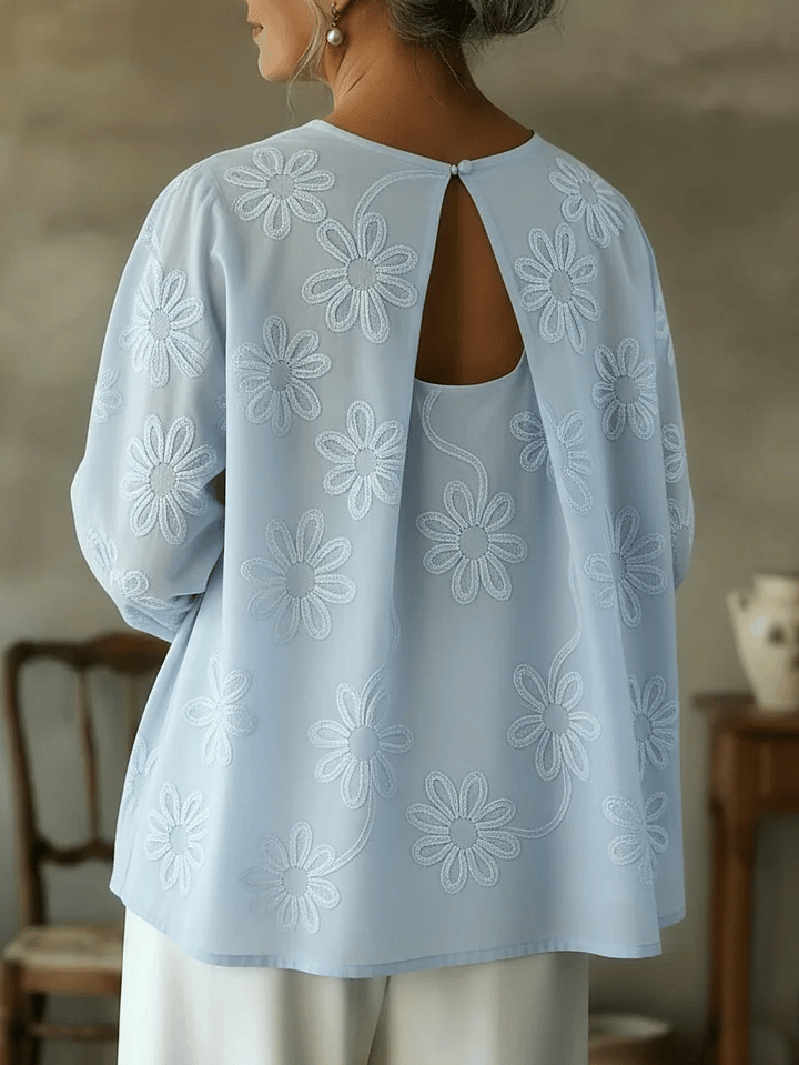 Women's Vintage Romantic Floral Embroidered Cutout Design Blouse Shirt