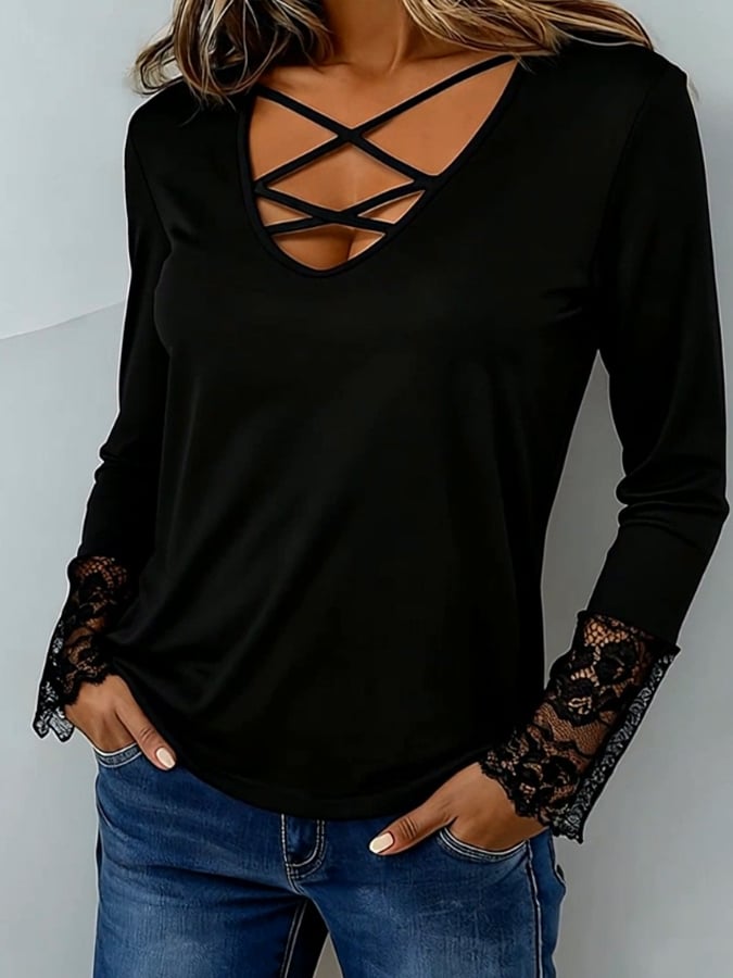 Women'S Casual Lace-Trimmed Long-Sleeved Top