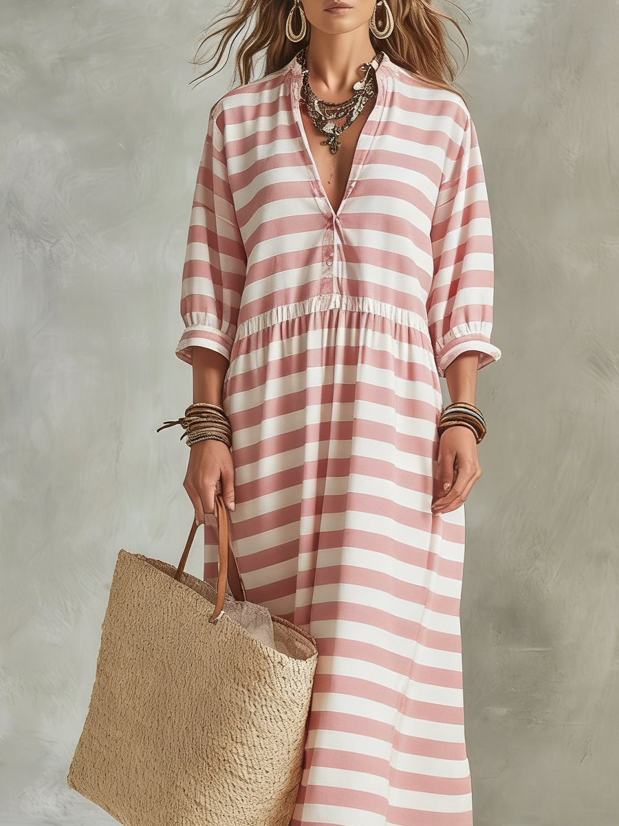 Pale Pink Striped Bohemian Style Maxi Dress