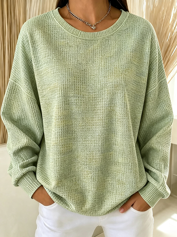 Women's Solid Waffle Knit Crew Neck Long Sleeve Oversized Sweatshirt