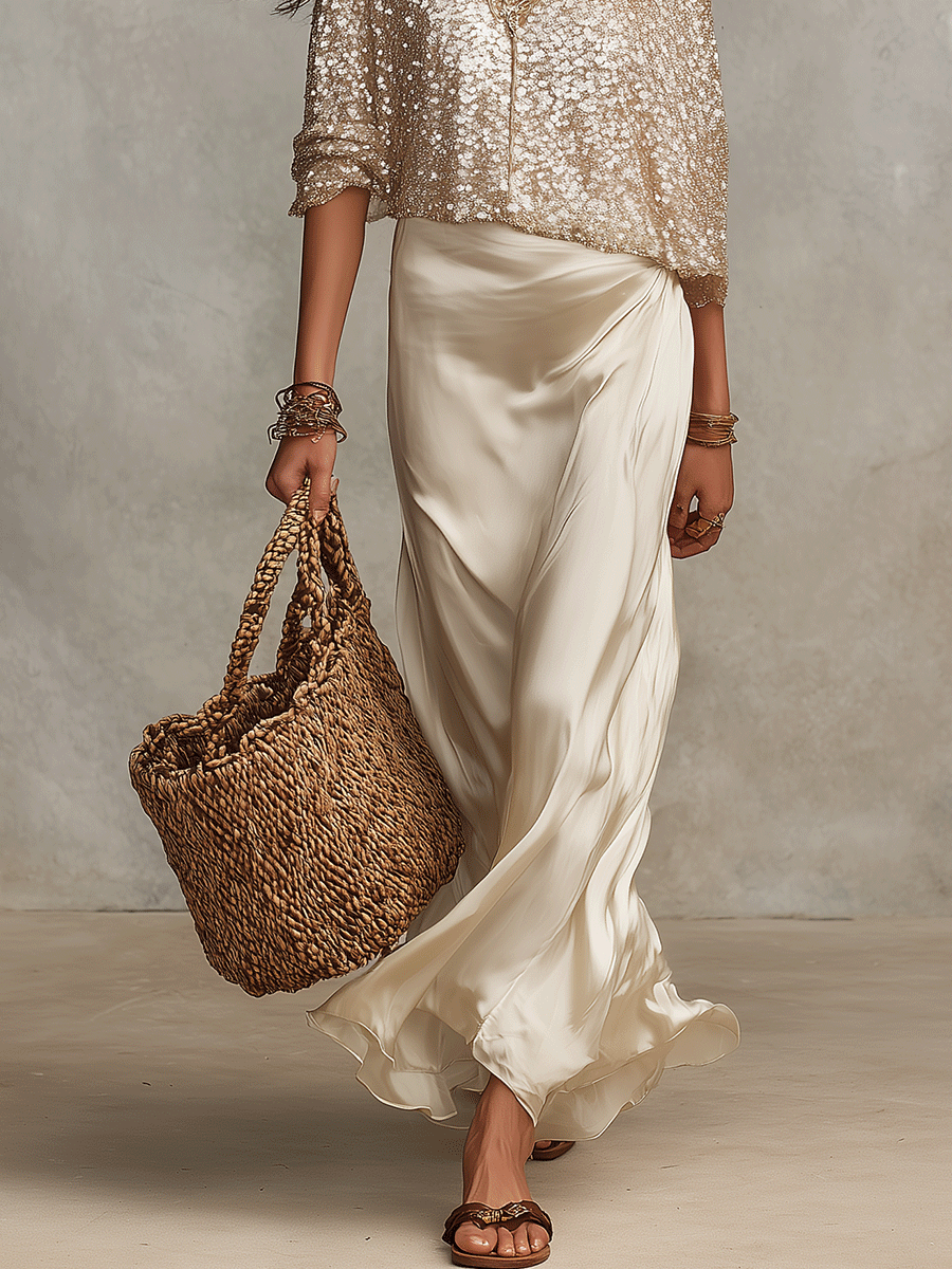 Elegant Boho Sequin Blouse With Flowing Satin Maxi Dress