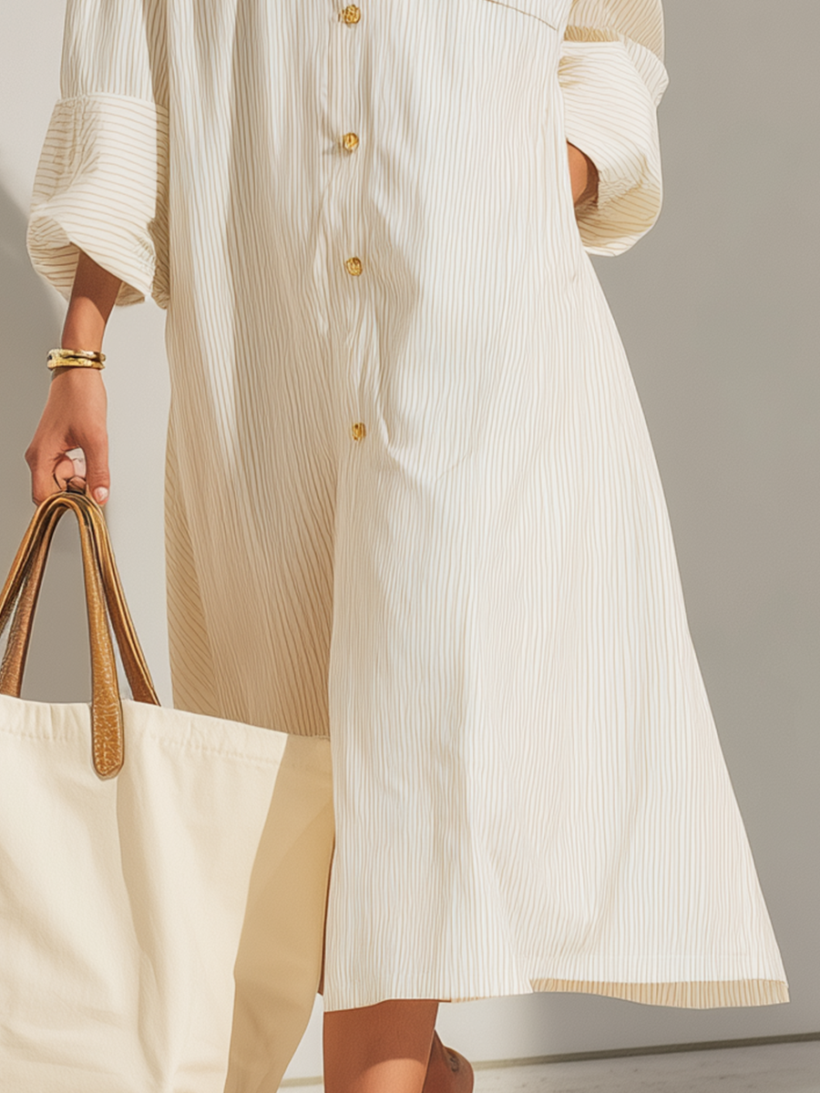 Refined Cream Pinstripe Shirt-Style Midi Dress