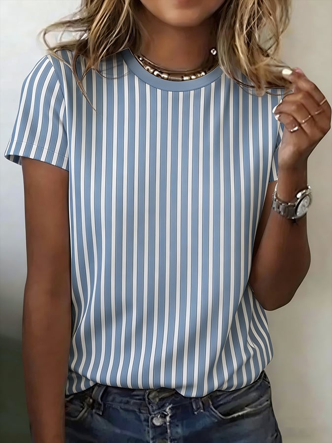 Women'S Casual Round-Neck Striped Short-Sleeved Top