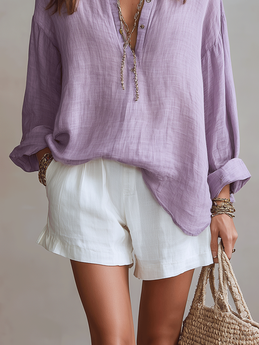 Effortless Lavender Linen Relaxed Boho Blouse And Short Set