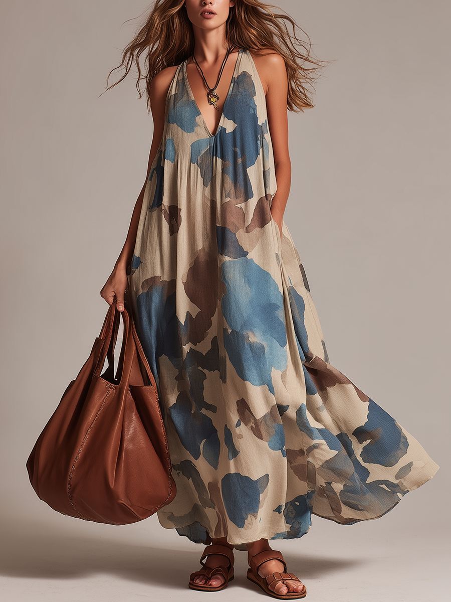 Relaxed Abstract Print Vest Maxi Dress