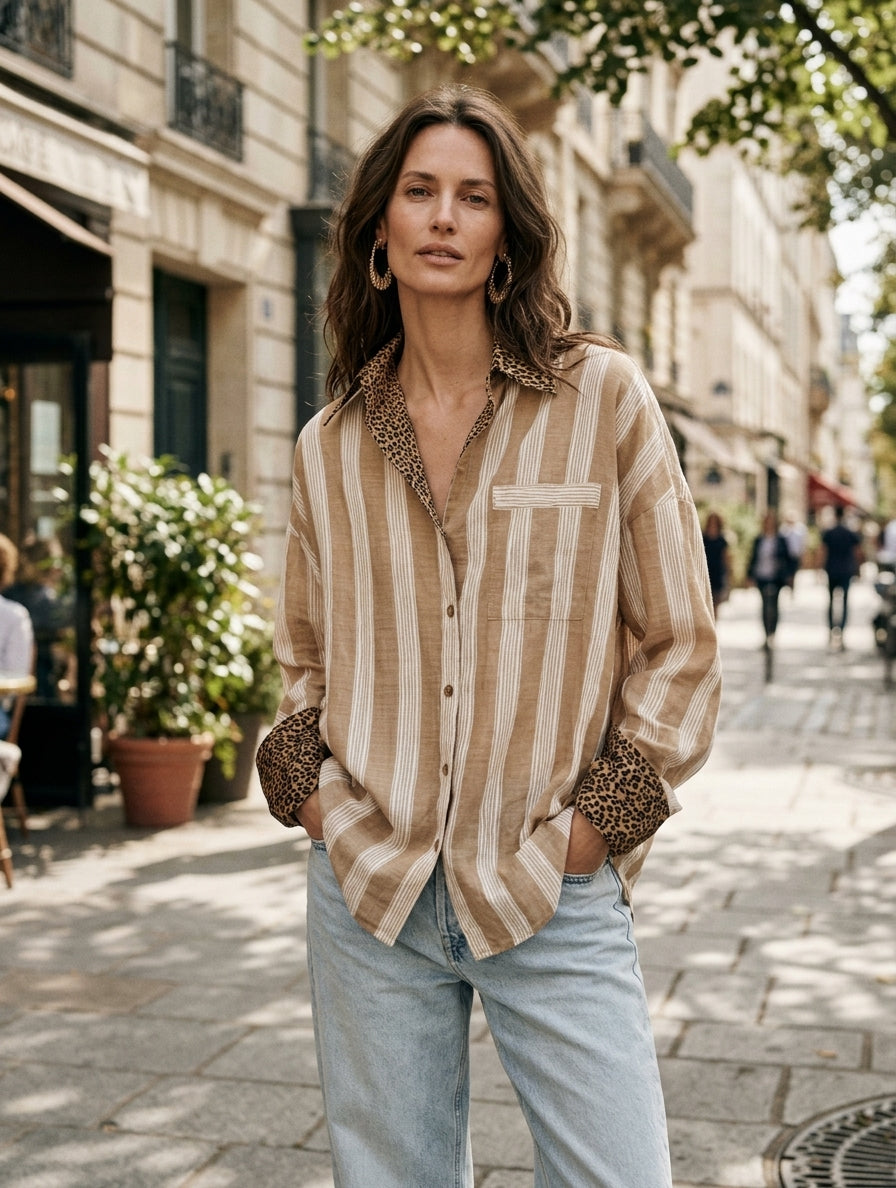 Modern Coastal Linen-Blend Striped Khaki Blouse
