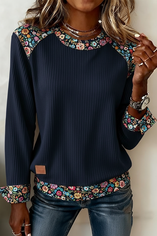 Navy Blue Ribbed Knit Top Floral Print Long Sleeve Sweatshirt