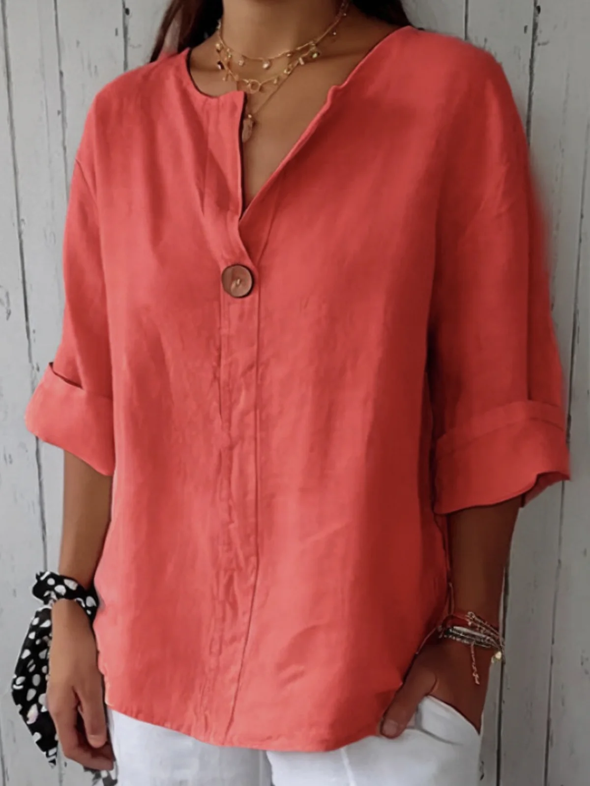 Women's Solid Linen V-Neck Single Button 3/4 Sleeve Top