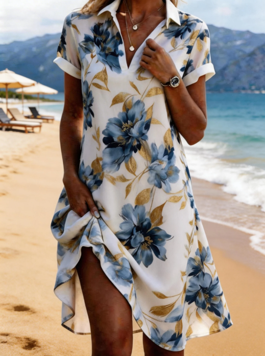 Large Floral Print Polo Collar Short Sleeve Asymmetric Midi Dress
