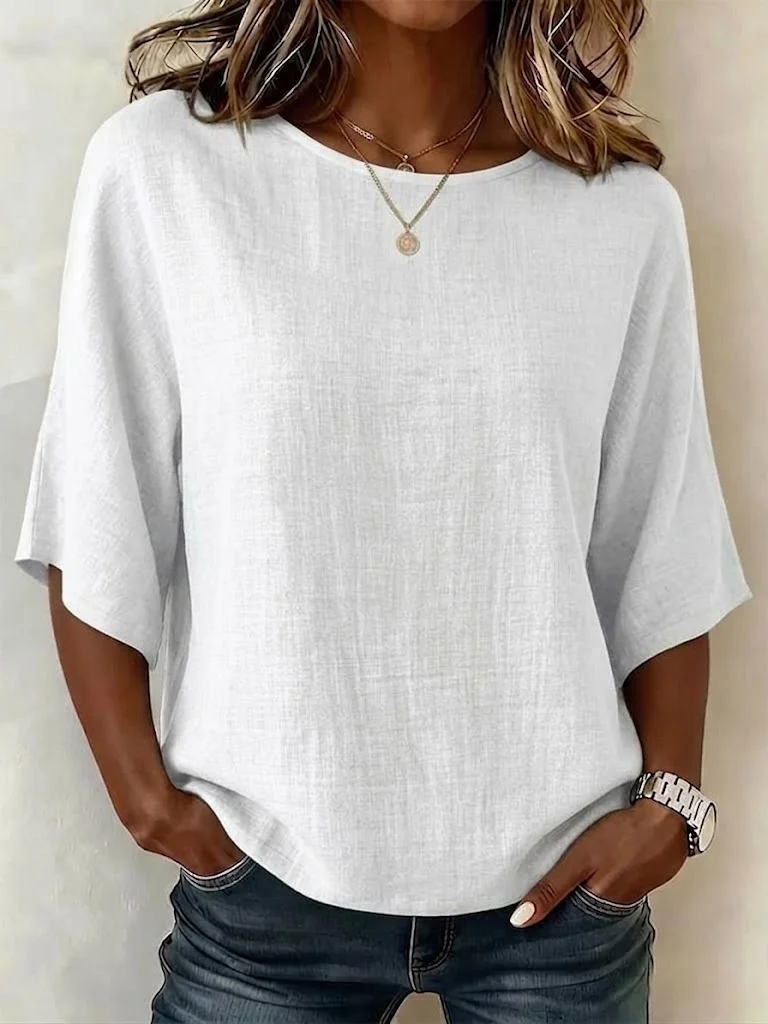Women's Solid Linen Round Neck Half Sleeve Relaxed Top