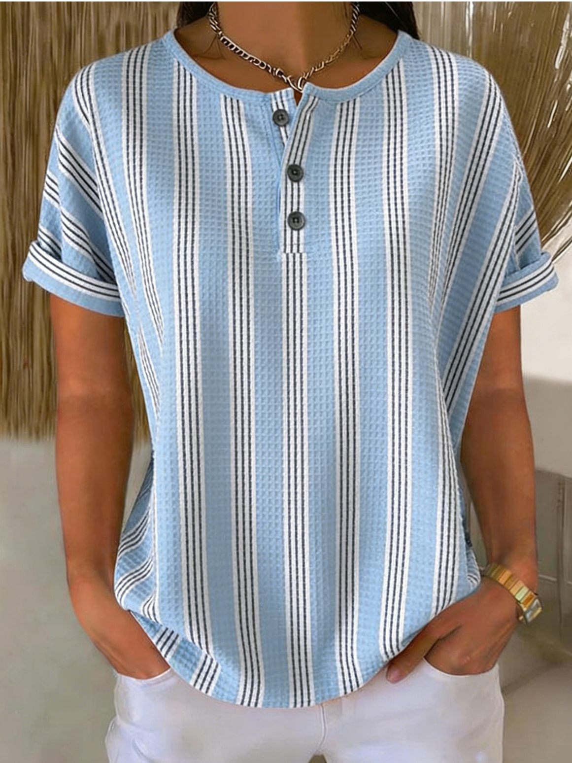 Women's Striped Waffle Knit Henley Short Sleeve Top