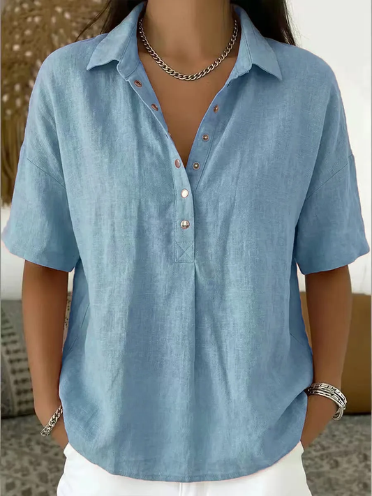 Women's Linen Polo Snap Button Short Sleeve Top