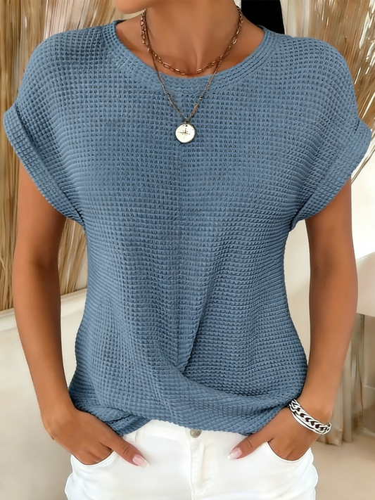 Waffle Knit Crew Neck Short Sleeve Twist-Hem Top