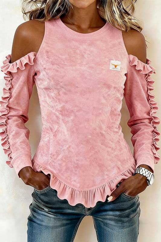 Cold Shoulder Ruffle Top - Women's Tie-Dye Long Sleeve Blouse