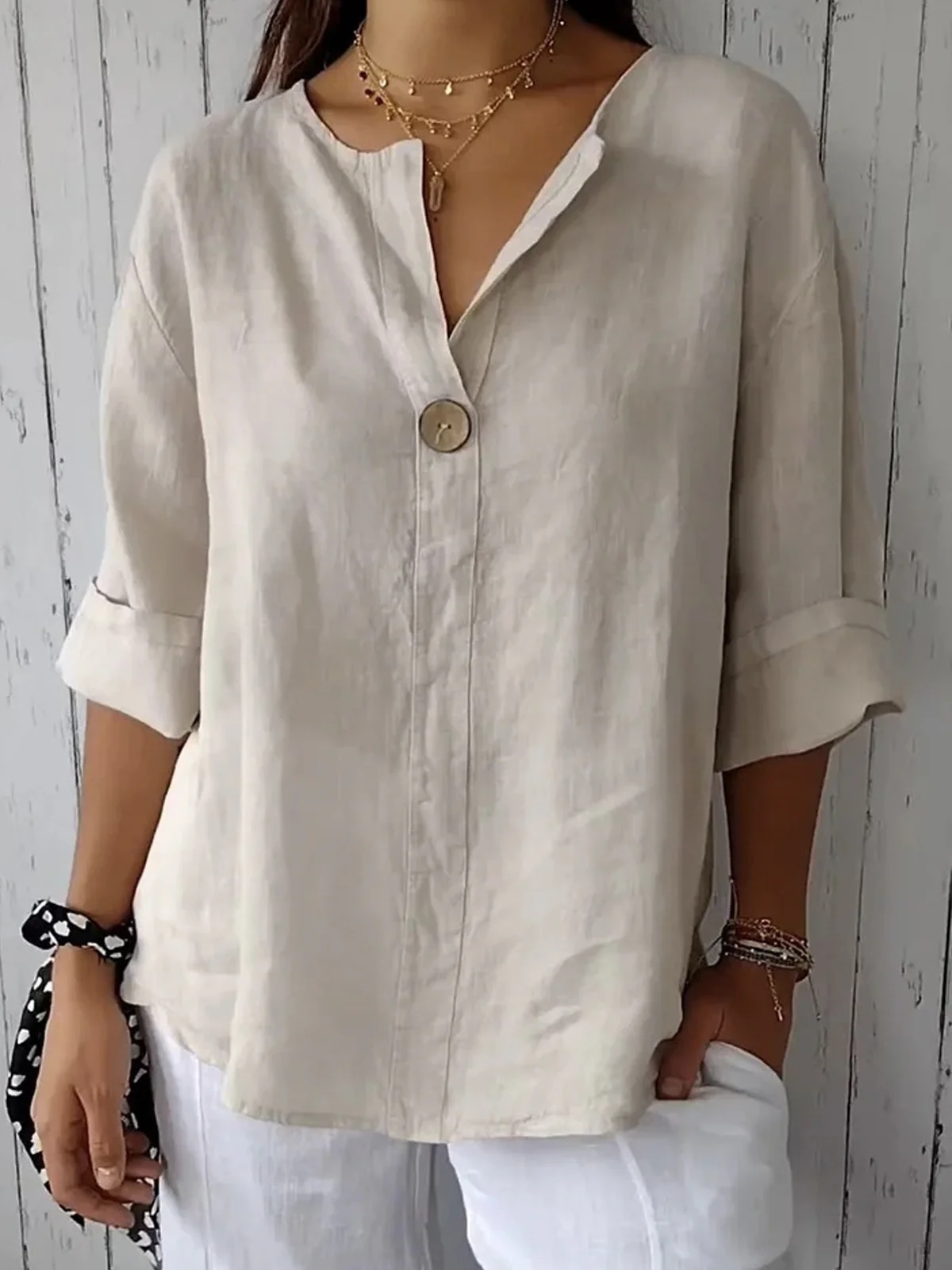 Women's Solid Linen V-Neck Single Button 3/4 Sleeve Top