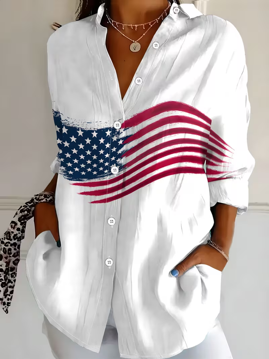 Women's American Flag Print Long Sleeve Button Down Shirt