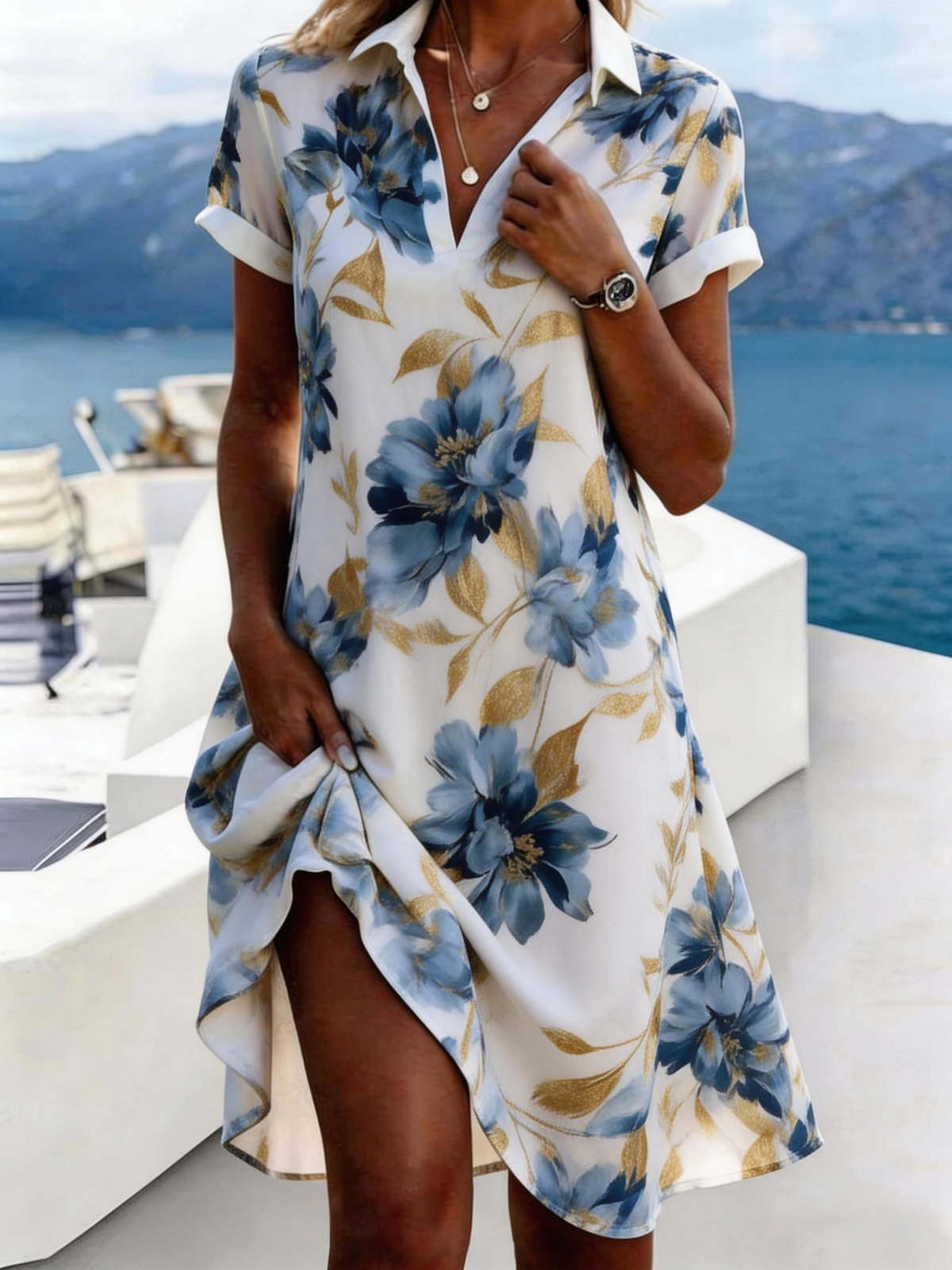 Large Floral Print Polo Collar Short Sleeve Asymmetric Midi Dress