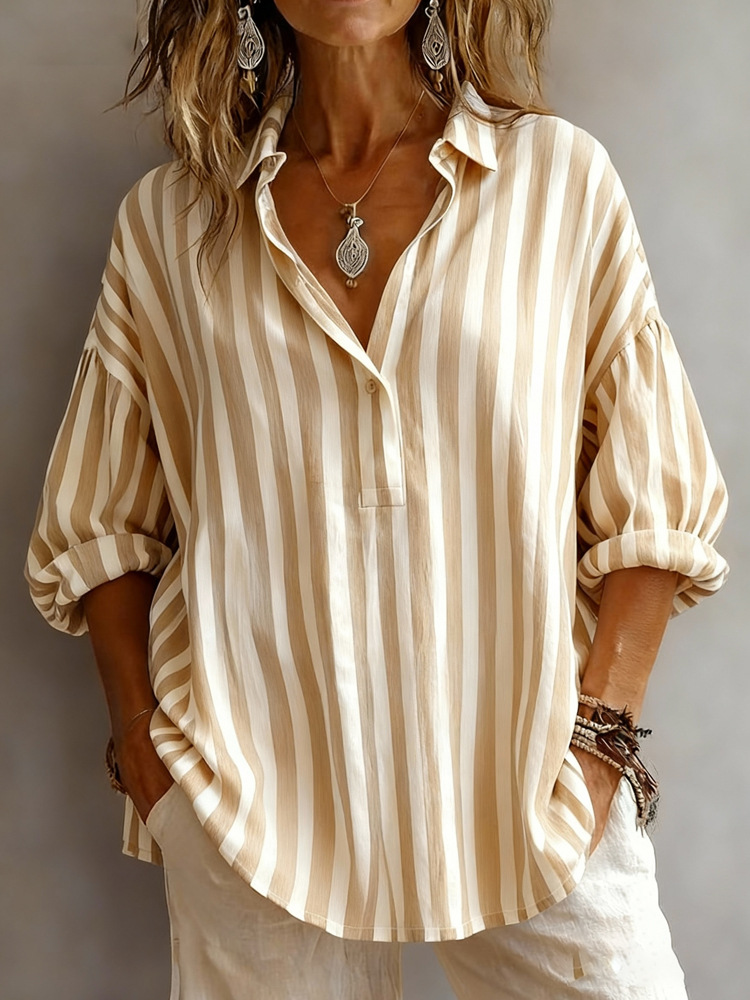 Striped V-Neck Long Sleeve Oversized Blouse