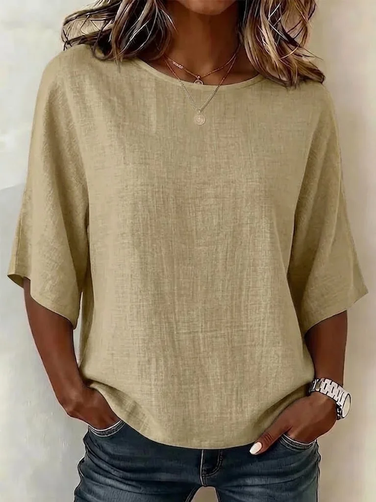 Women's Solid Linen Round Neck Half Sleeve Relaxed Top