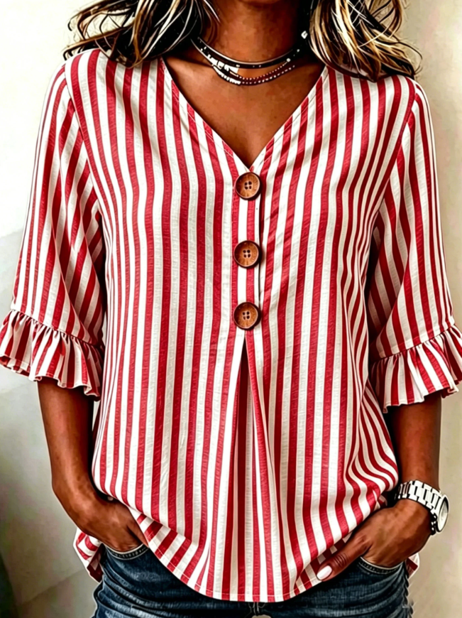 Women's Striped Ruffle Sleeve V-Neck Button Top