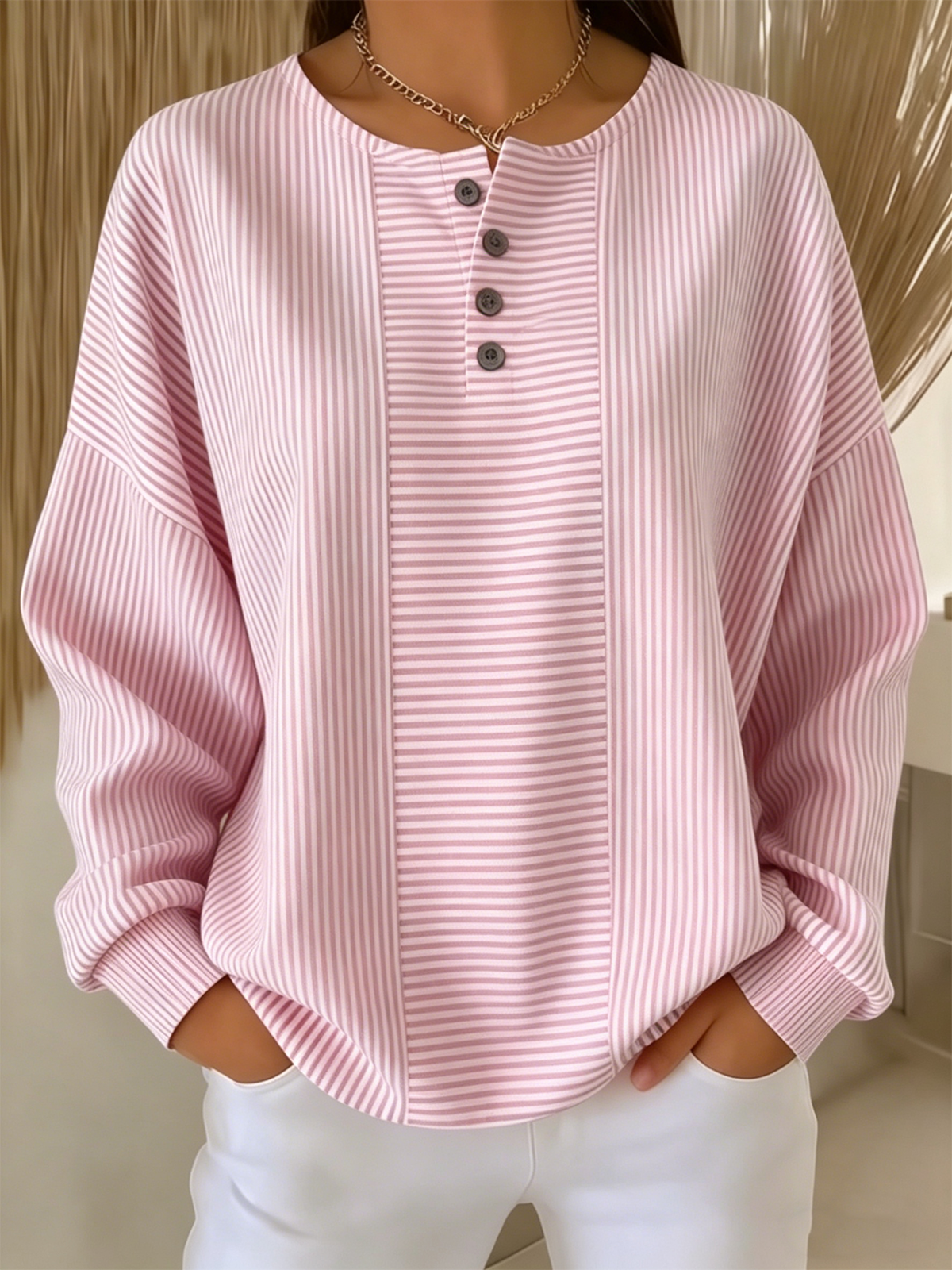 Women's Stripe Patchwork Henley Long Sleeve Top