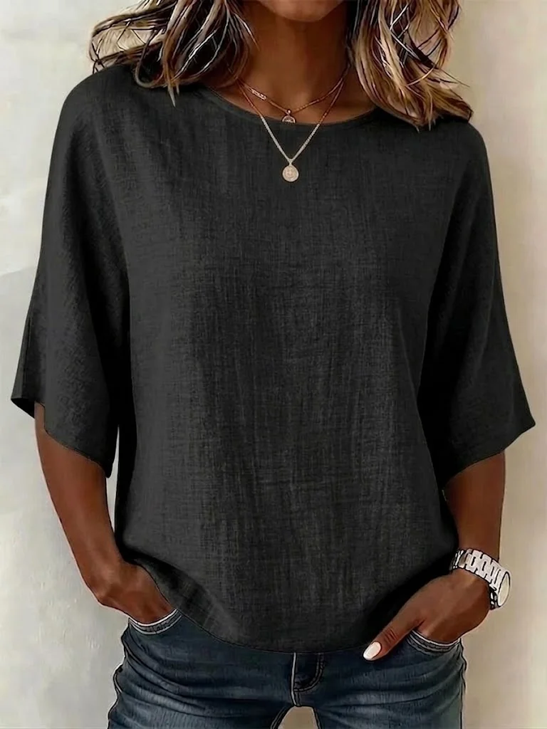 Women's Solid Linen Round Neck Half Sleeve Relaxed Top