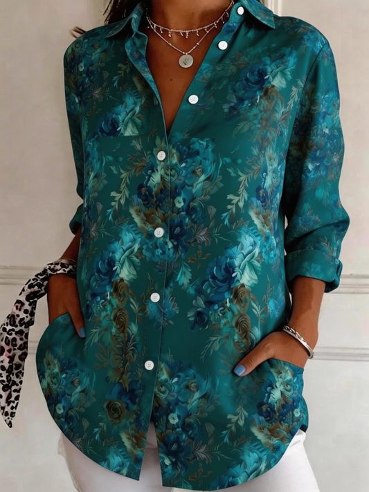 Floral Print Button-Down Long Sleeve Blouse
