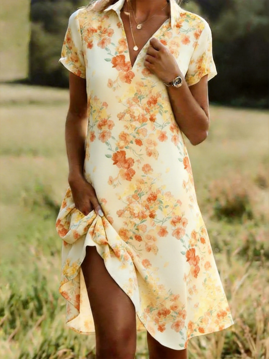Ditsy Floral Print Polo Collar Short Sleeve Asymmetric Midi Dress