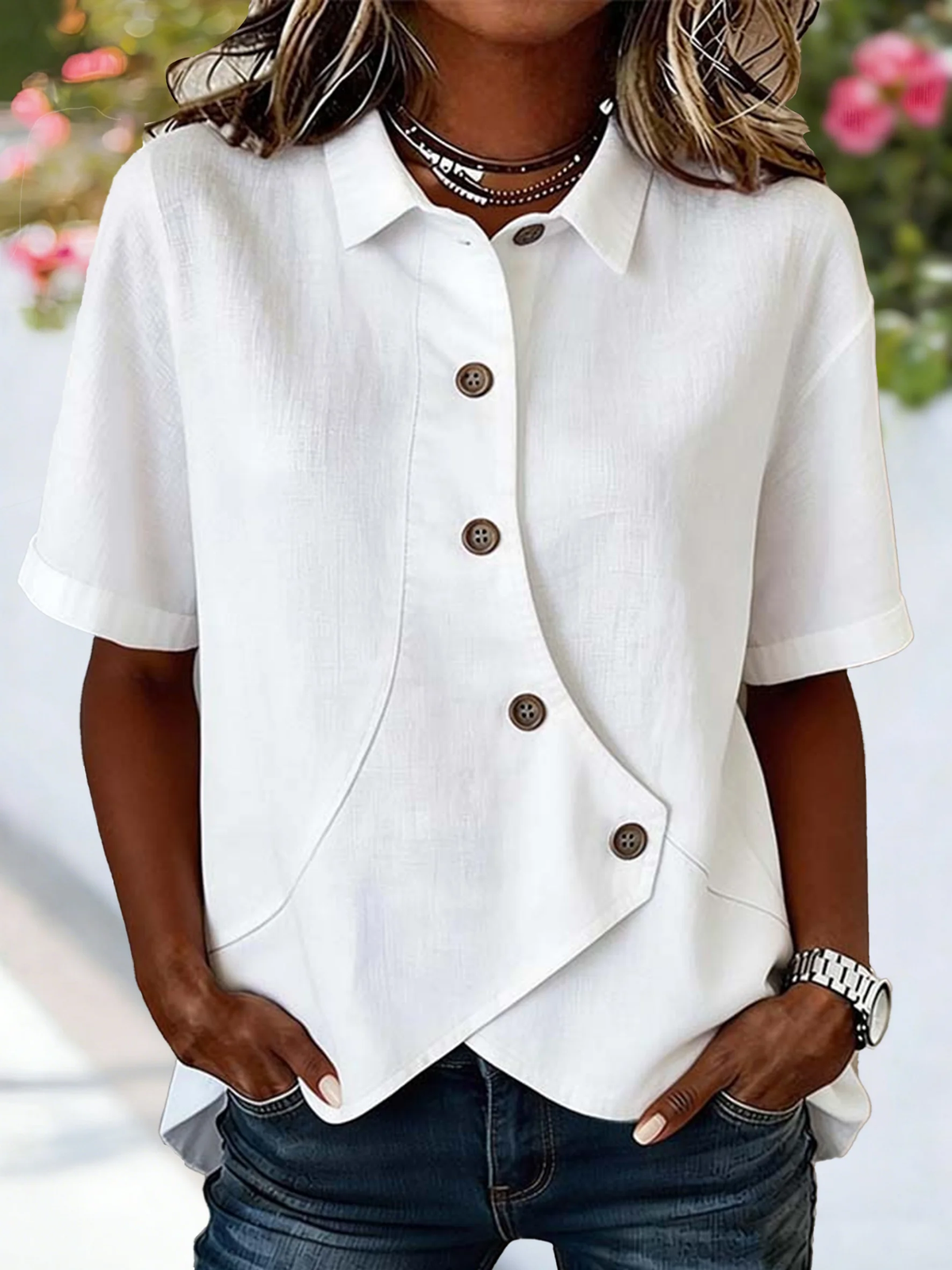 Women's Solid Linen Collar Asymmetric Button Short Sleeve Top