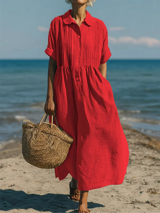 Women's Pintuck Pleated Linen Shirt Dress