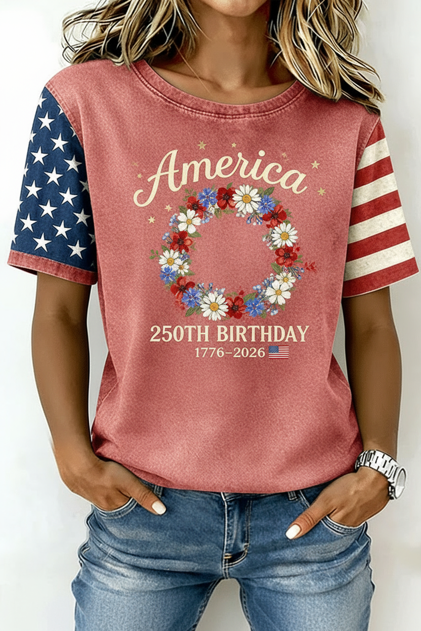 America 250th Birthday Floral Wreath Short Sleeve T-Shirt