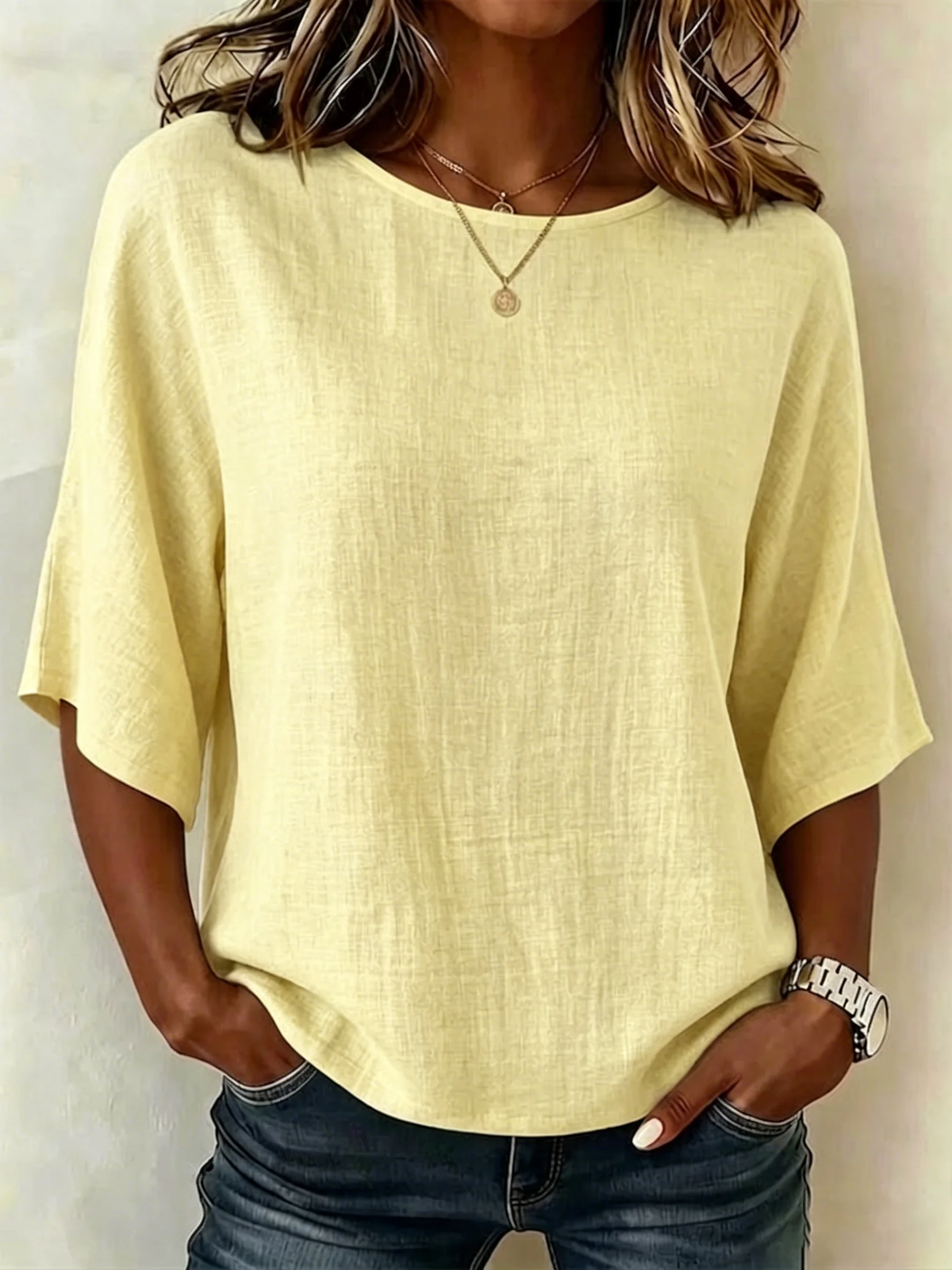 Women's Solid Linen Round Neck Half Sleeve Relaxed Top
