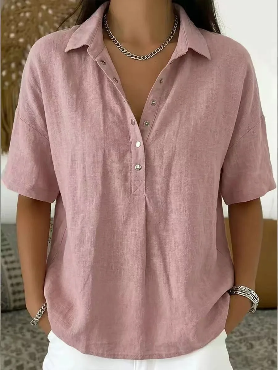 Women's Linen Polo Snap Button Short Sleeve Top