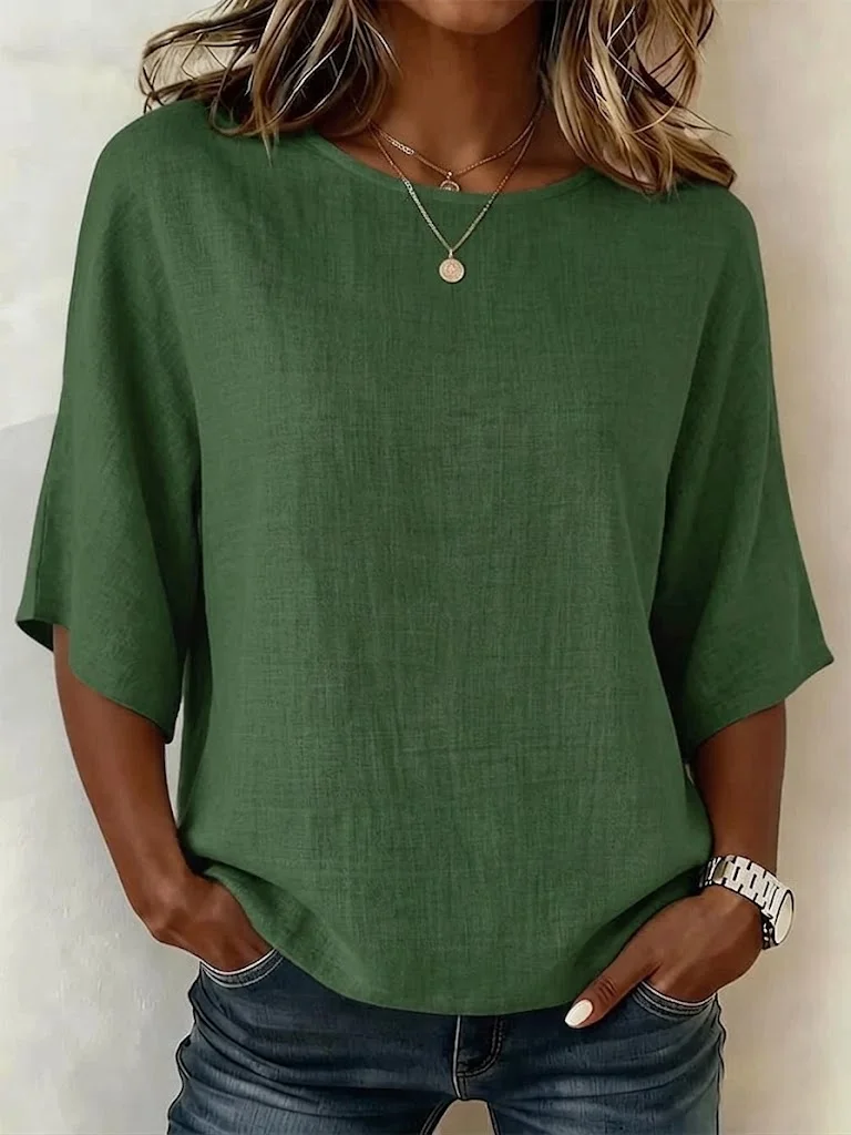 Women's Solid Linen Round Neck Half Sleeve Relaxed Top