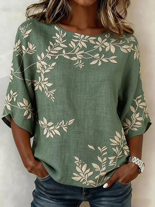 Women's Floral Embroidered Linen Round Neck Half Sleeve Top