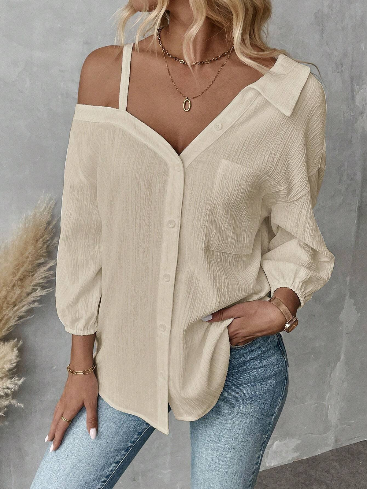 Cold Shoulder Button-Down Long Sleeve Blouse